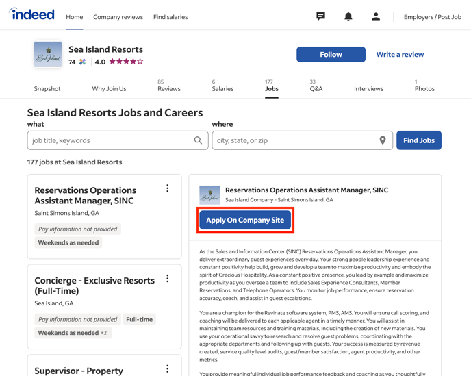 Leadline integrates with Indeed using the 'Apply on Company Site' feature.